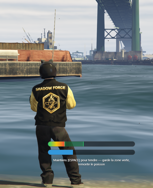 A player in a Shadow Forge jacket fishing on the Los Santos docks